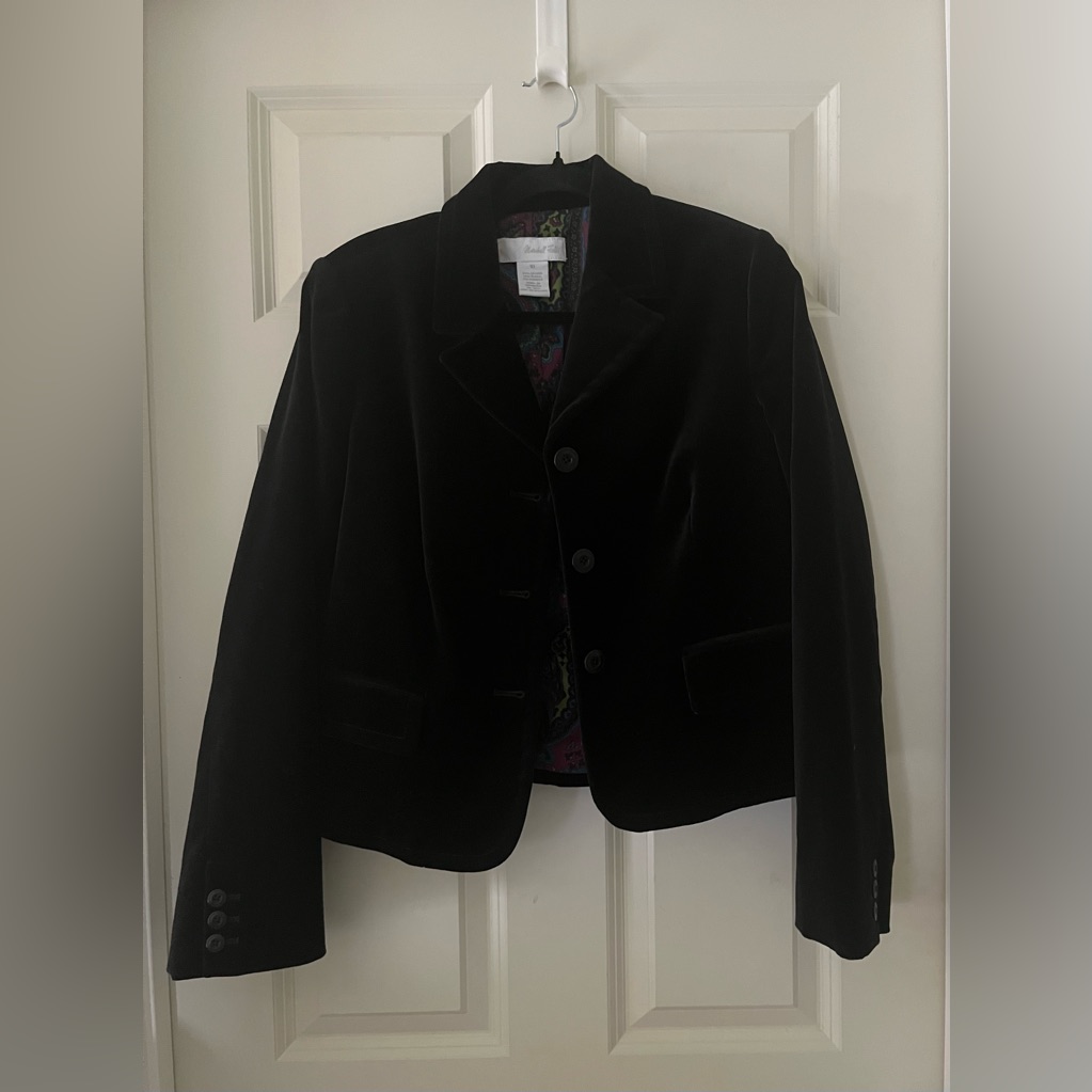 Vintage Marshall Fields Black Velvet Blazer Print Lined Padded Shoulders 10